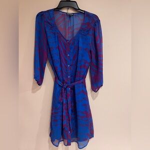 Express Sheer 3/4 Sleeve Blue and Purple Zebra Print Shirt Dress Slip Layering M